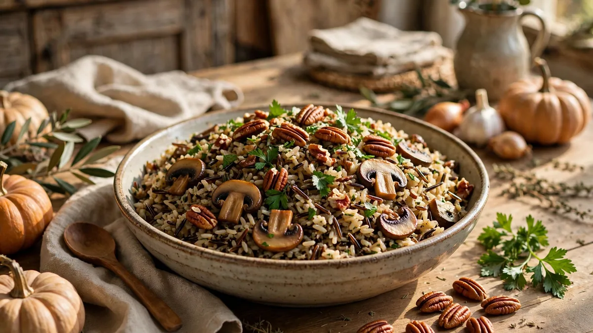 Wild rice pilaf with mushrooms served from a slow cooker, garnished with fresh herbs