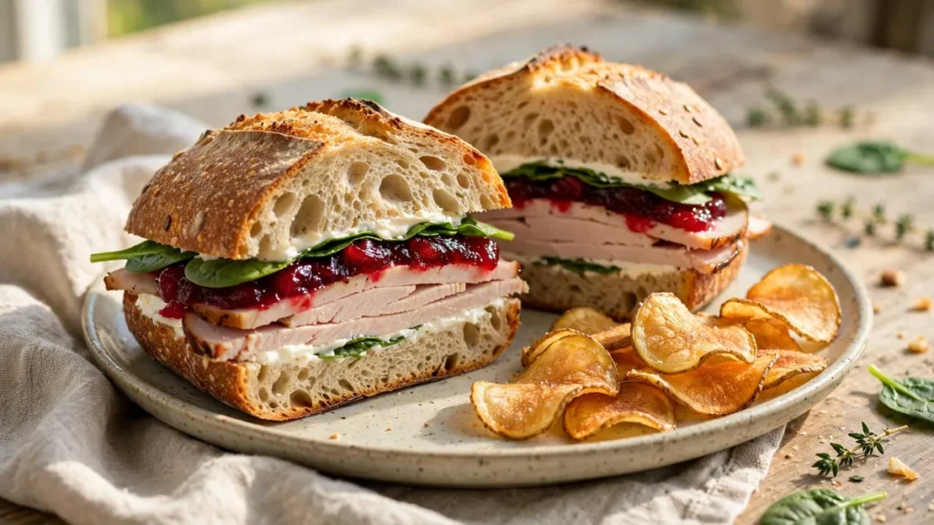 Cranberry turkey sandwiches with sliced turkey and greens