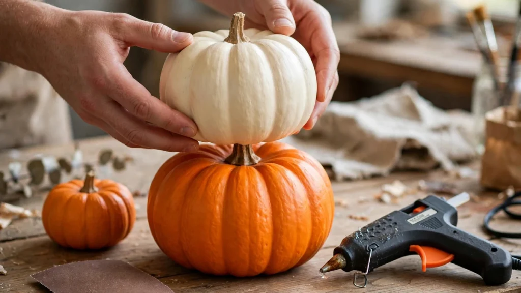 5 Dollar Tree Stacking Pumpkins Ideas for Beautiful Fall Decor 8 Hands stacking a cream faux pumpkin onto a larger orange pumpkin to build a diy pumpkin tower, with a hot glue gun nearby