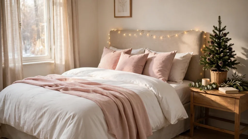 Pink Christmas Decor Ideas for a Soft, Elegant Holiday Home 8 Blush pink bedroom with a small tabletop Christmas tree and cozy holiday bedding