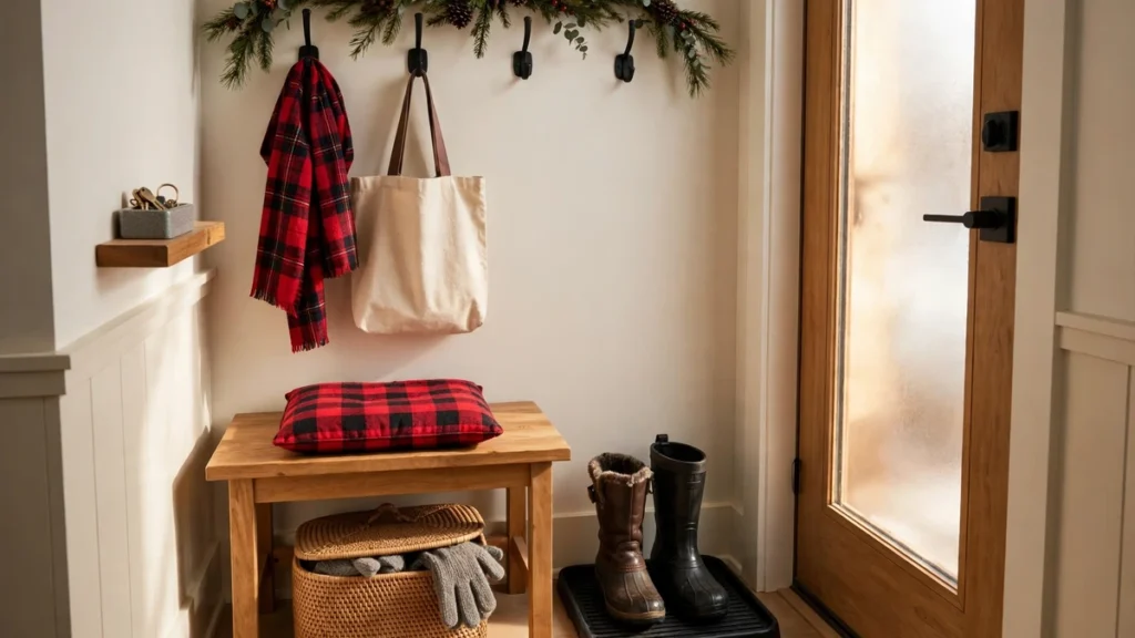 Christmas Entryway Decor Ideas for Small Spaces 8 Entryway bench corner with wall hooks, a cushion, storage baskets and a boot tray by the door