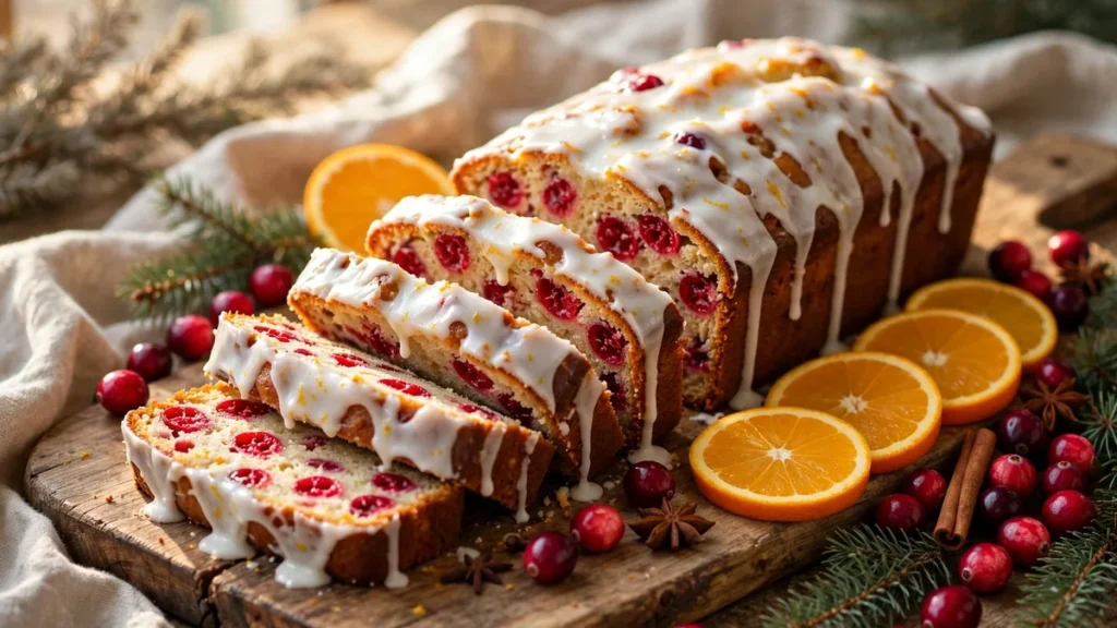 Sliced cranberry orange loaf showing a bright cranberry filling