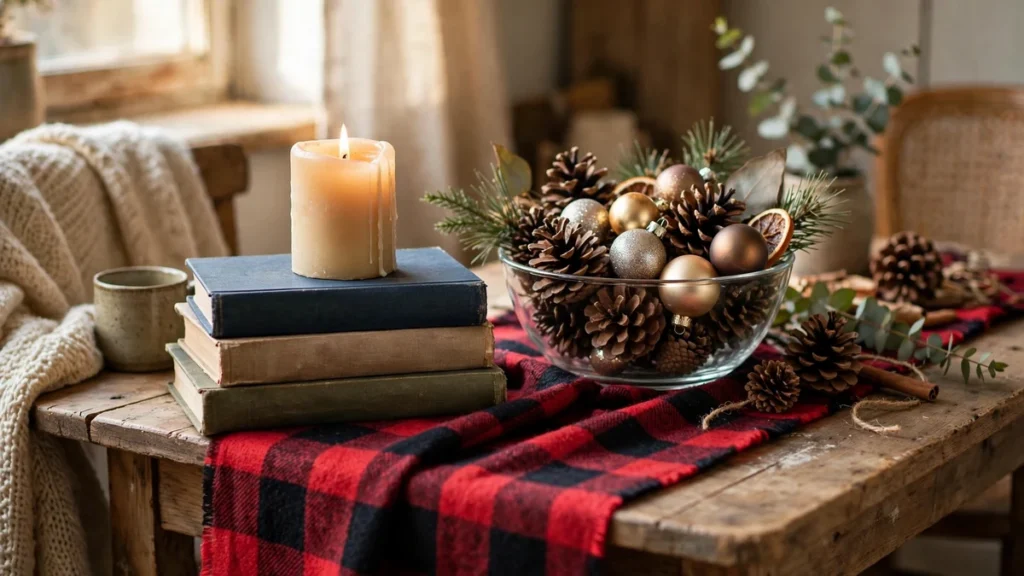 Plaid scarf used as a table runner with a bowl of pinecones and candles