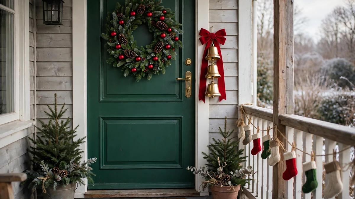 Front door Christmas wreath with a jingle bell hanger, red bow and frosted greenery