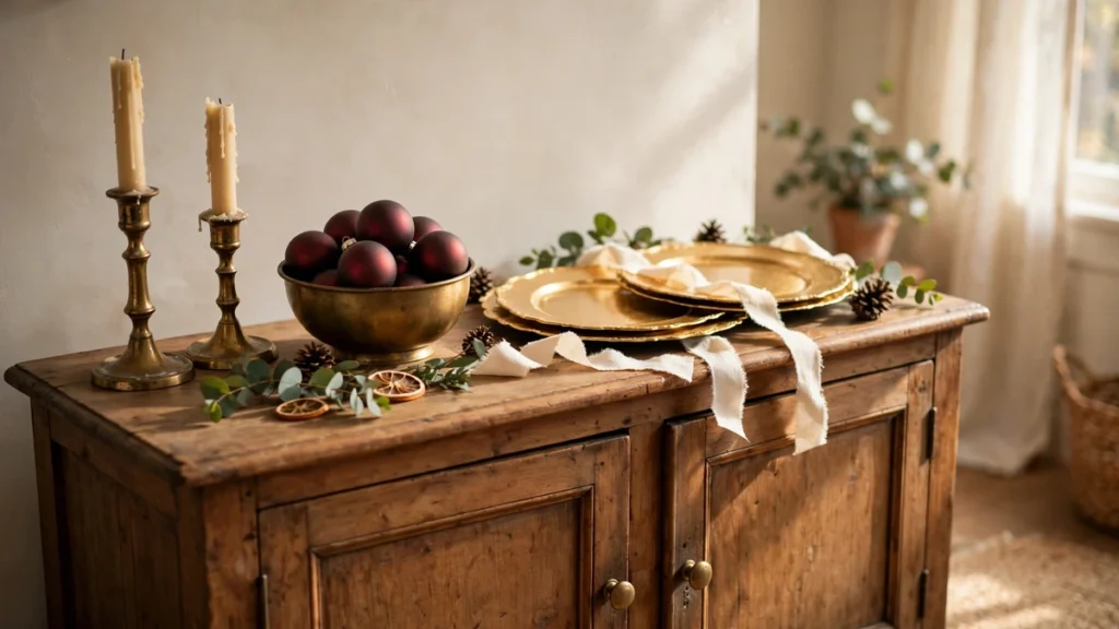 Sideboard styled with thrifted brass candlesticks and burgundy Christmas accents
