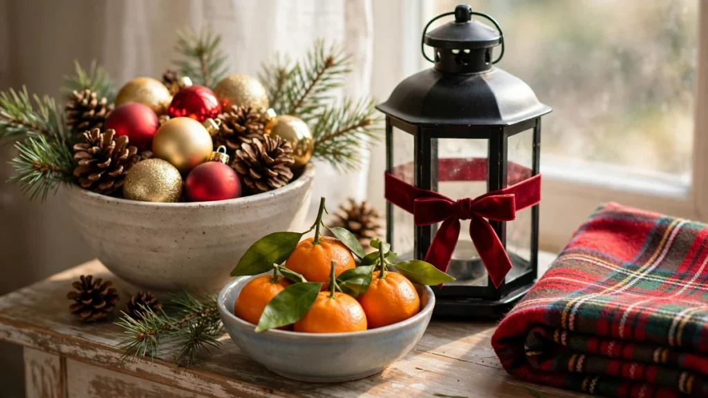 Christmas Entryway Decor Ideas for Small Spaces 9 Bowl of Christmas ornaments and pinecones styled on an entryway console table