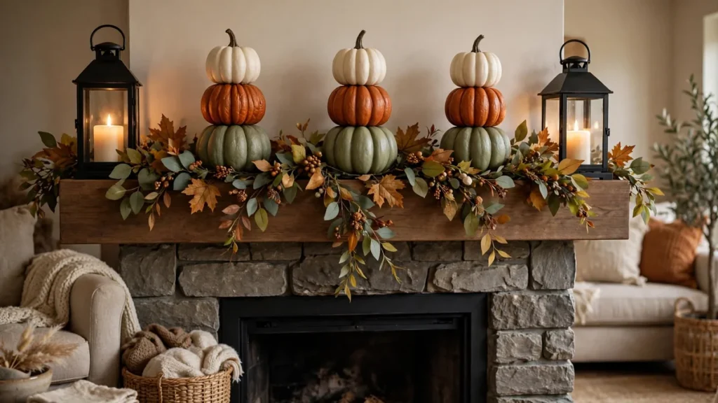 5 Dollar Tree Stacking Pumpkins Ideas for Beautiful Fall Decor 9 Three mini stacked pumpkin towers with a leaf garland and lanterns arranged across a fireplace mantel