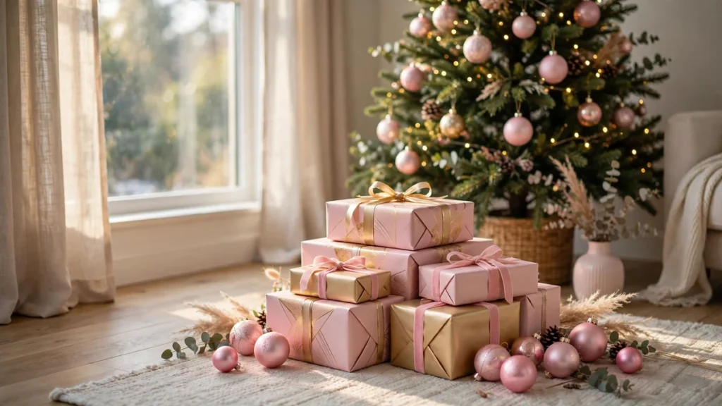 Pink Christmas Decor Ideas for a Soft, Elegant Holiday Home 9 Wrapped pink and gold Christmas gifts with velvet ribbons under the tree