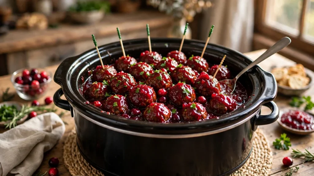 Slow cooker cranberry meatballs in a glossy cranberry glaze
