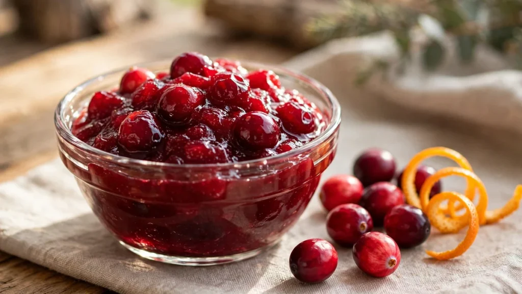 Make Ahead Thanksgiving Side Dishes: 6 Recipes for a Calmer Holiday 9 Glossy homemade cranberry sauce in a small serving bowl with fresh cranberries