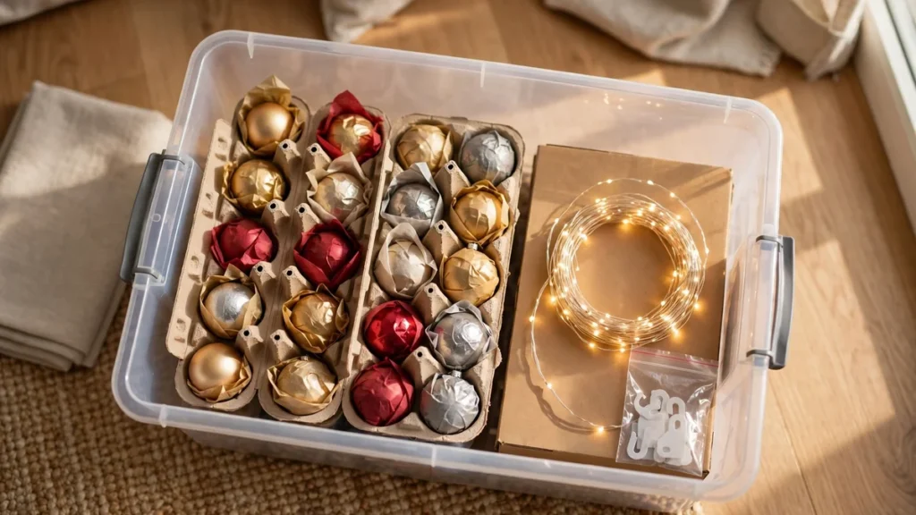 Storage bin filled with Christmas ornaments ready to pack away