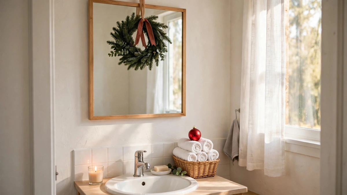 Guest bathroom decorated for Christmas with a mini wreath, rolled towels and a small tree