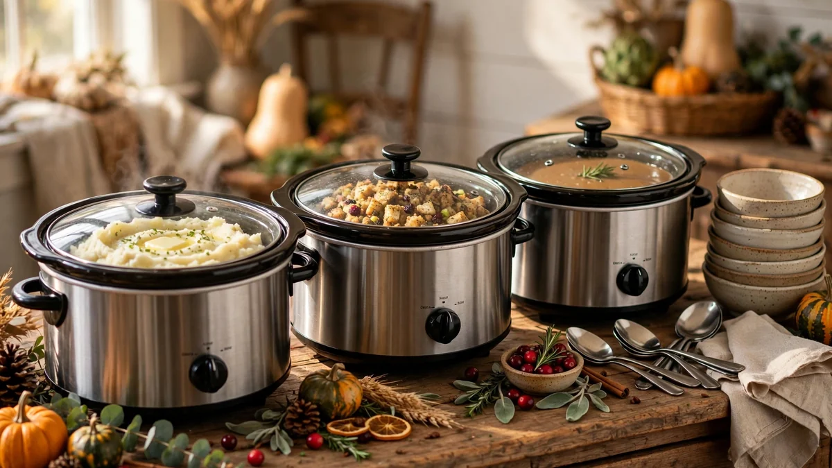 A slow cooker serving station with crock pots of side dishes lined up for guests to help themselves