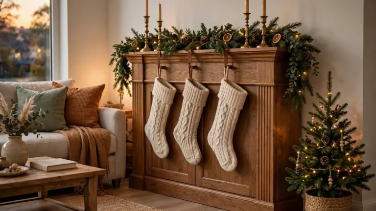 23 Christmas Decor Ideas Without a Fireplace That Feel Pure Magic 2 Cozy living room with christmas decor without a fireplace, a garland-draped media console styled like a mantel with knit stockings, brass candlesticks and a small Christmas tree