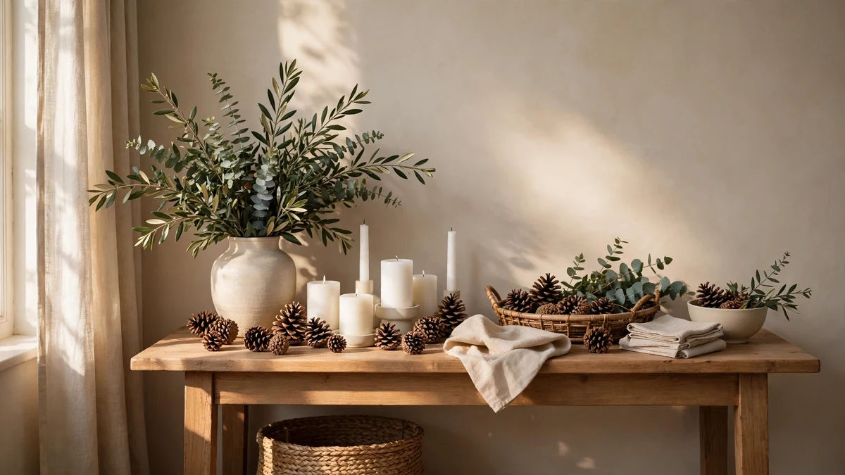 Calm January winter console styled with plain greenery, white candles and pinecones, no red, for a neutral after-Christmas look