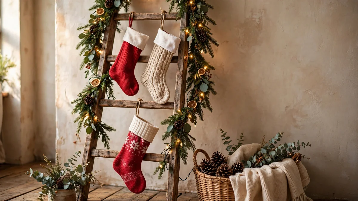 Christmas stockings hanging from a rustic wooden ladder wrapped in garland and fairy lights, an easy way to hang stockings without a mantel