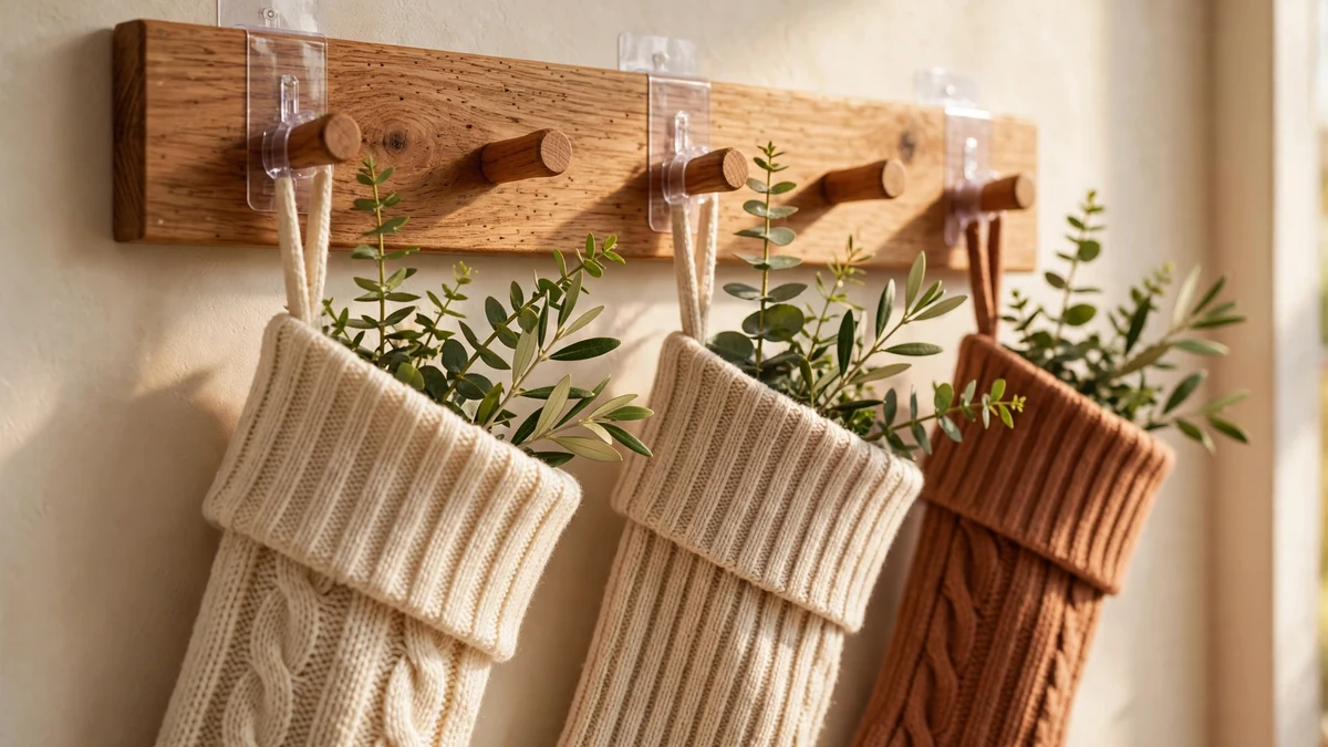 Renter-friendly stockings hanging from removable adhesive hooks on a wooden peg rail with greenery tucked in, no drilling needed