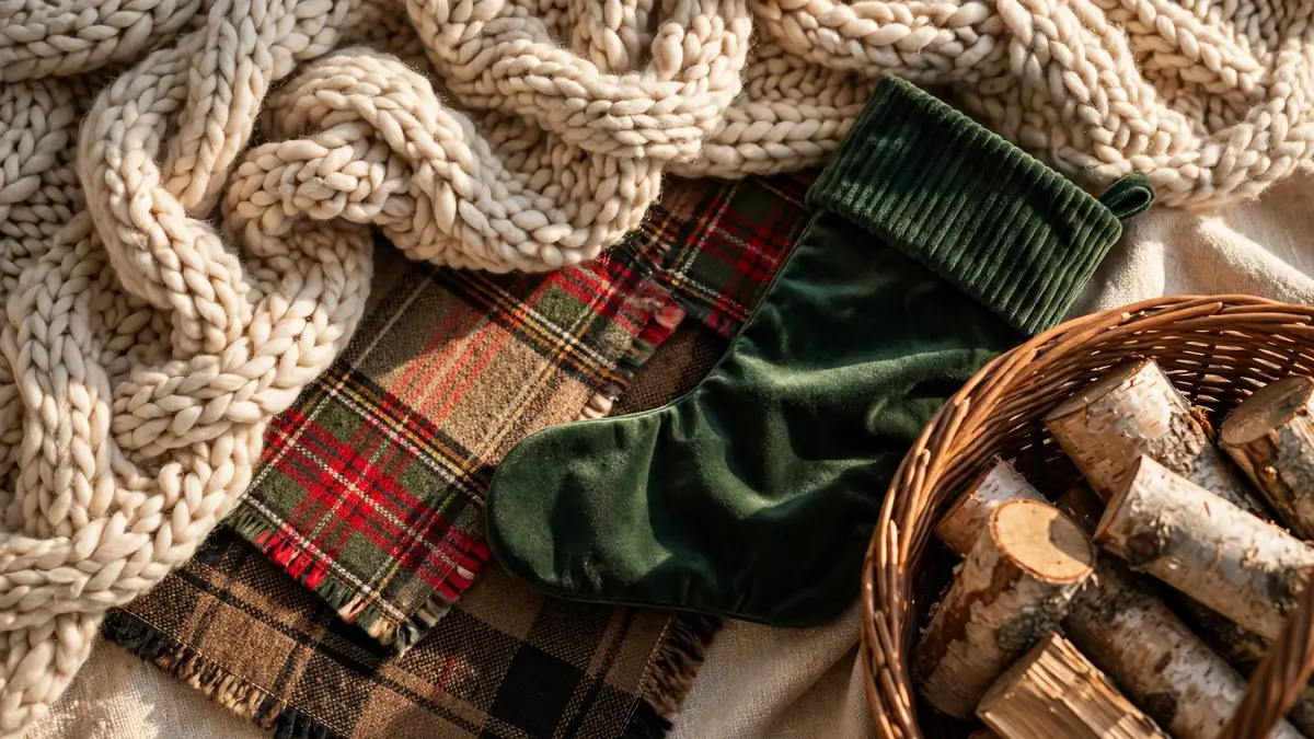 Chunky knit throw blanket, velvet stockings, layered plaid rug and a log basket creating cozy warmth without a fireplace