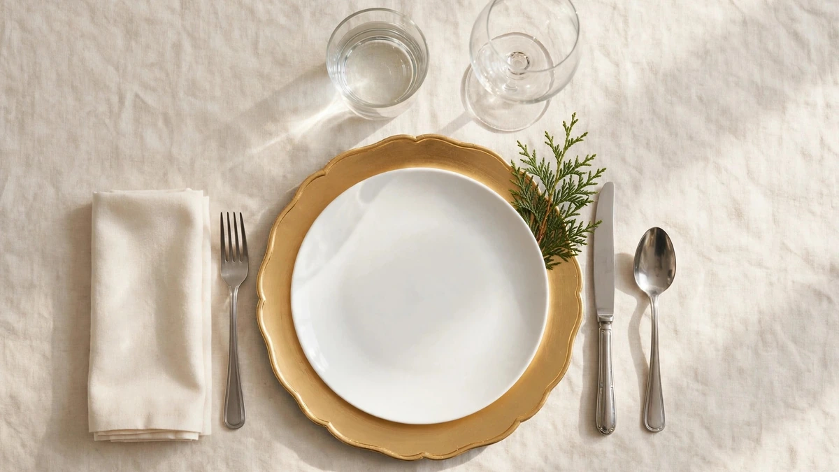 Overhead view of a single christmas place setting being laid step by step — gold charger, white plate, cutlery and glasses on a cream tablecloth