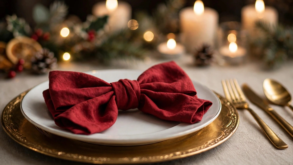 Close-up of a red cloth napkin folded into a bow on a white plate with a gold charger at a christmas place setting