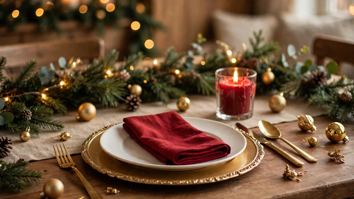 Classic red and gold christmas place setting with a gold charger, white plate, deep red napkin and gold cutlery beside a candle