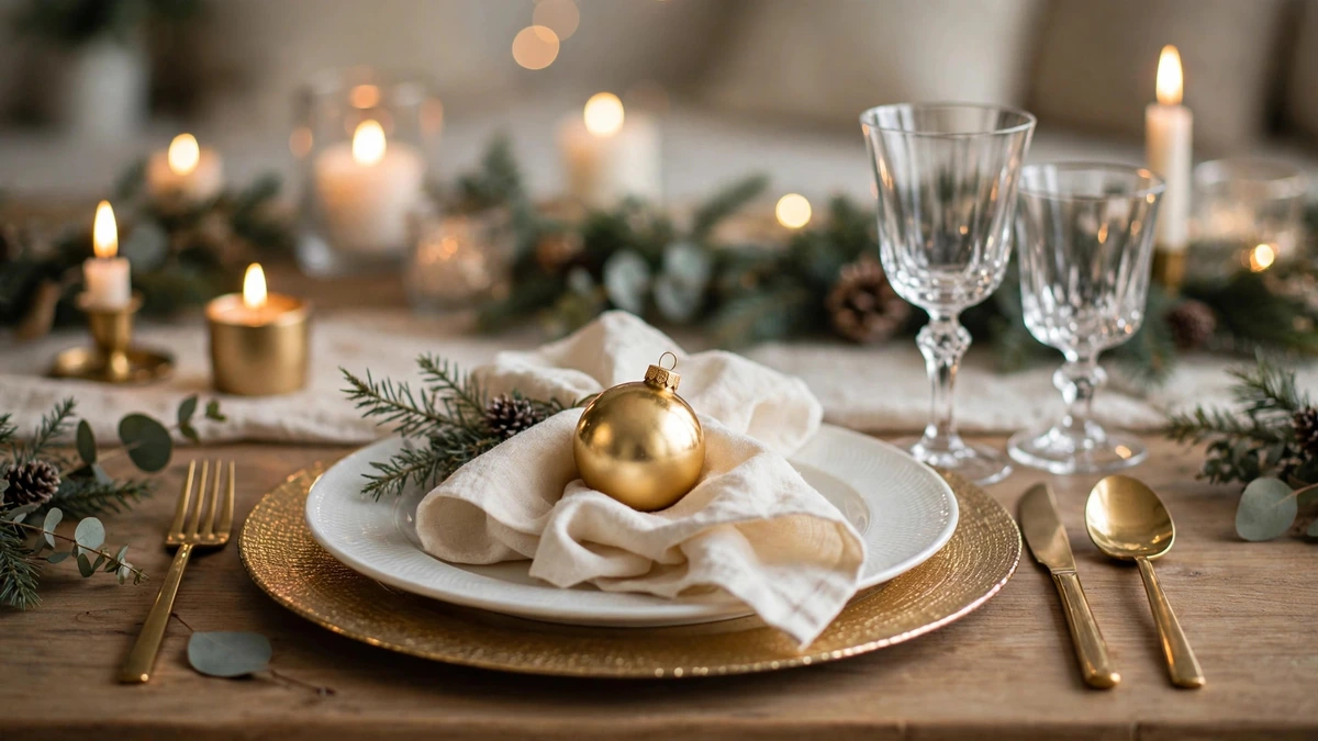 White and gold christmas place setting with cream napkin, gold ornament and white plates in soft candlelight