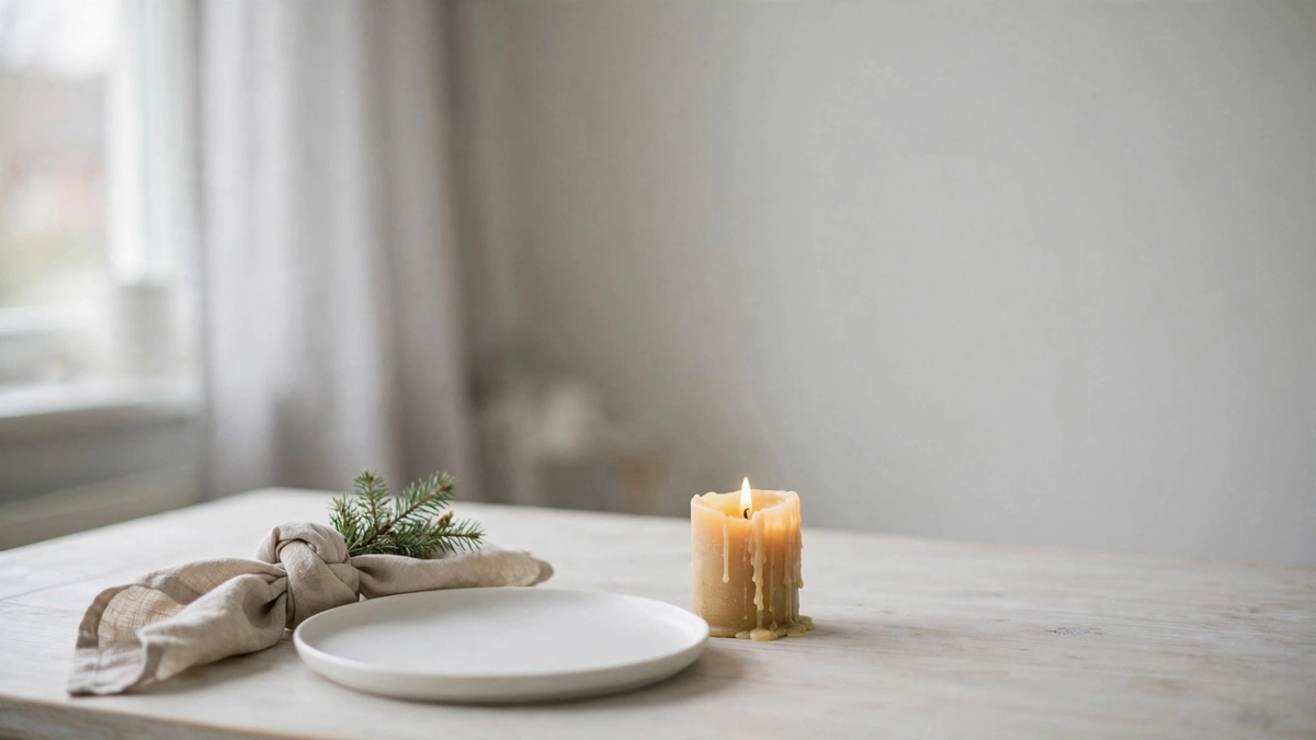 Scandinavian minimal christmas place setting with a natural linen napkin, a sprig of greenery and a beeswax candle on pale wood