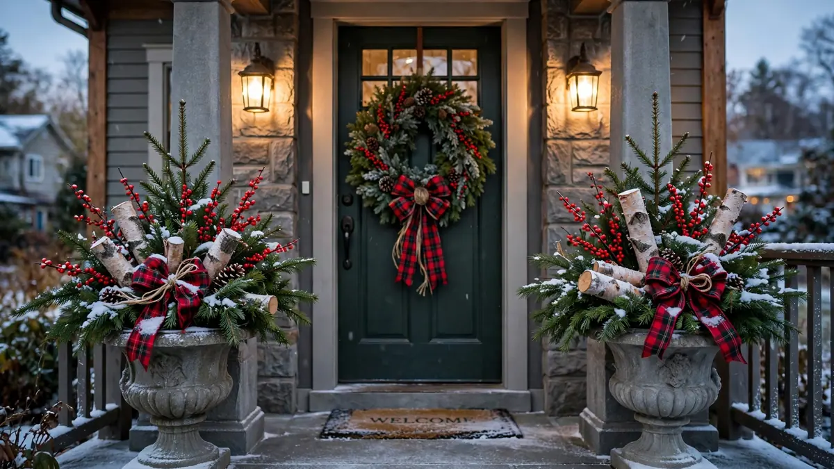Outdoor christmas planters in classic urns with birch logs, evergreen cuttings and red berries flanking a front door