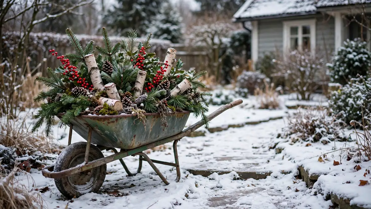 Wheelbarrow outdoor christmas planter filled with evergreens, red berries and birch logs beside a snowy path