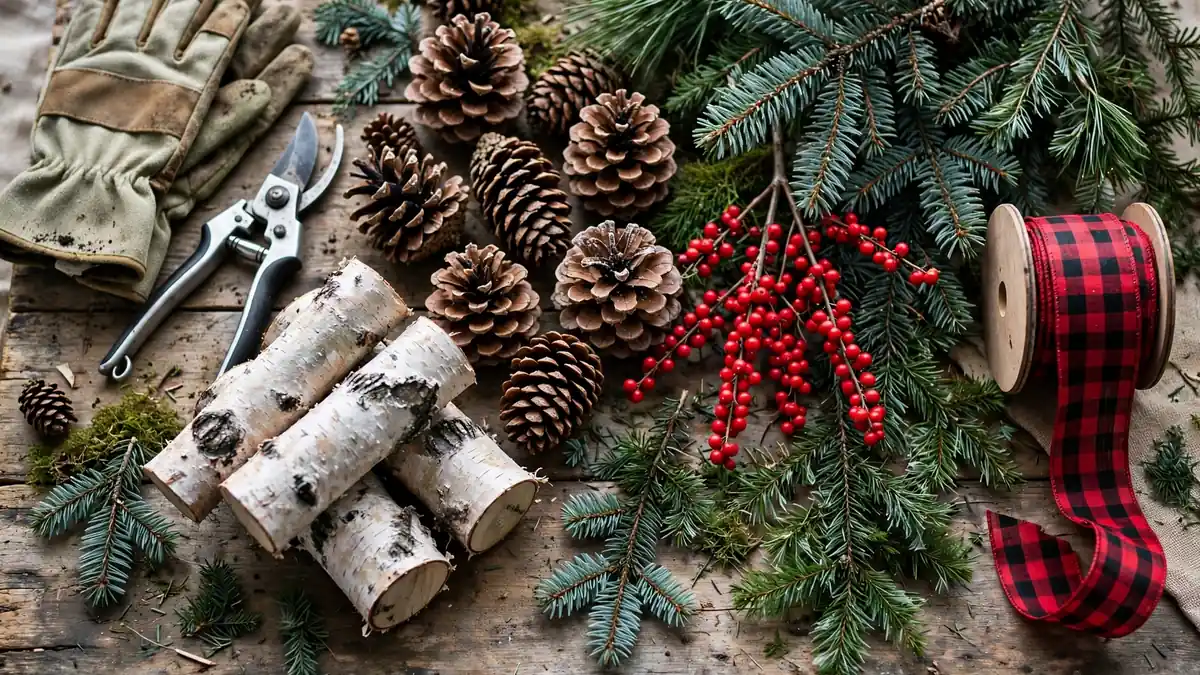 Materials for outdoor christmas planters on a wooden table: pruners, gloves, birch logs, berry stems and pinecones