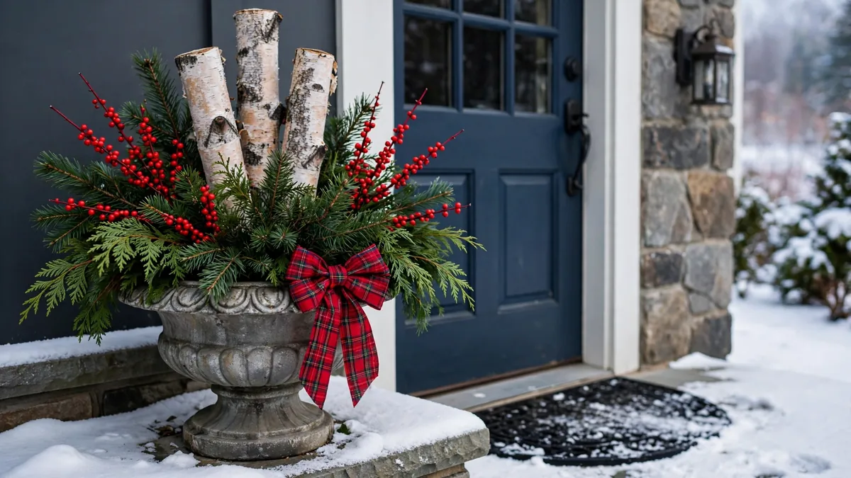 Classic urn outdoor christmas planter with birch logs, mixed evergreens, winterberry stems and a plaid bow