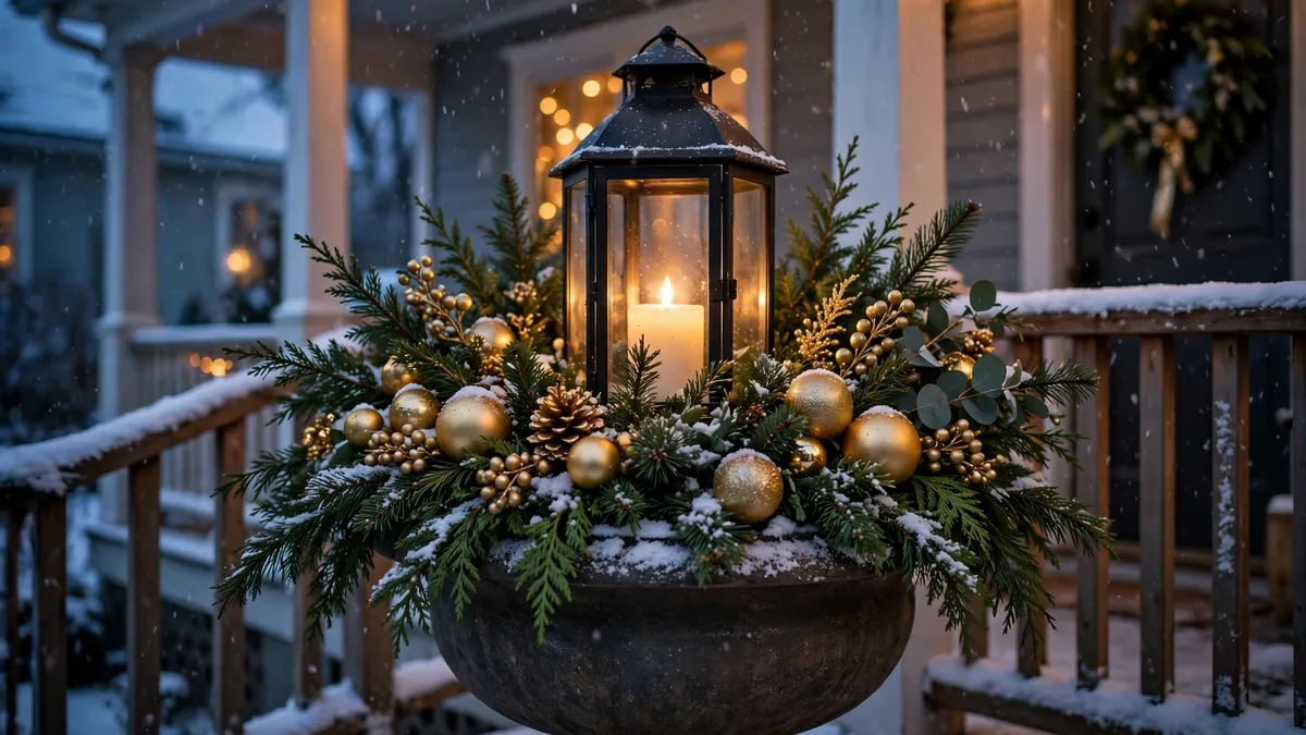 Outdoor christmas planter urn with a glowing black lantern, greenery and gold ornaments at dusk