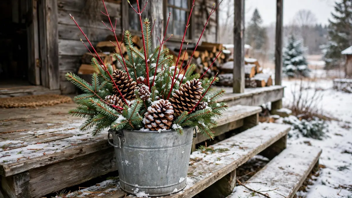 Galvanised bucket outdoor christmas planter with spruce tips, red dogwood stems and pinecones on porch steps