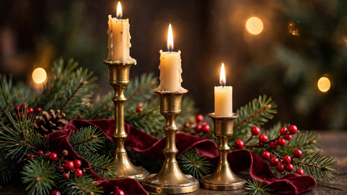 Brass candlesticks with lit cream candles, pine greenery and burgundy ribbon on dark wood