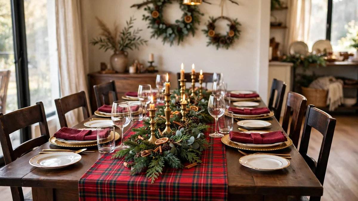 Christmas dining table with a tartan plaid runner, brass candlesticks, gold chargers and burgundy napkins