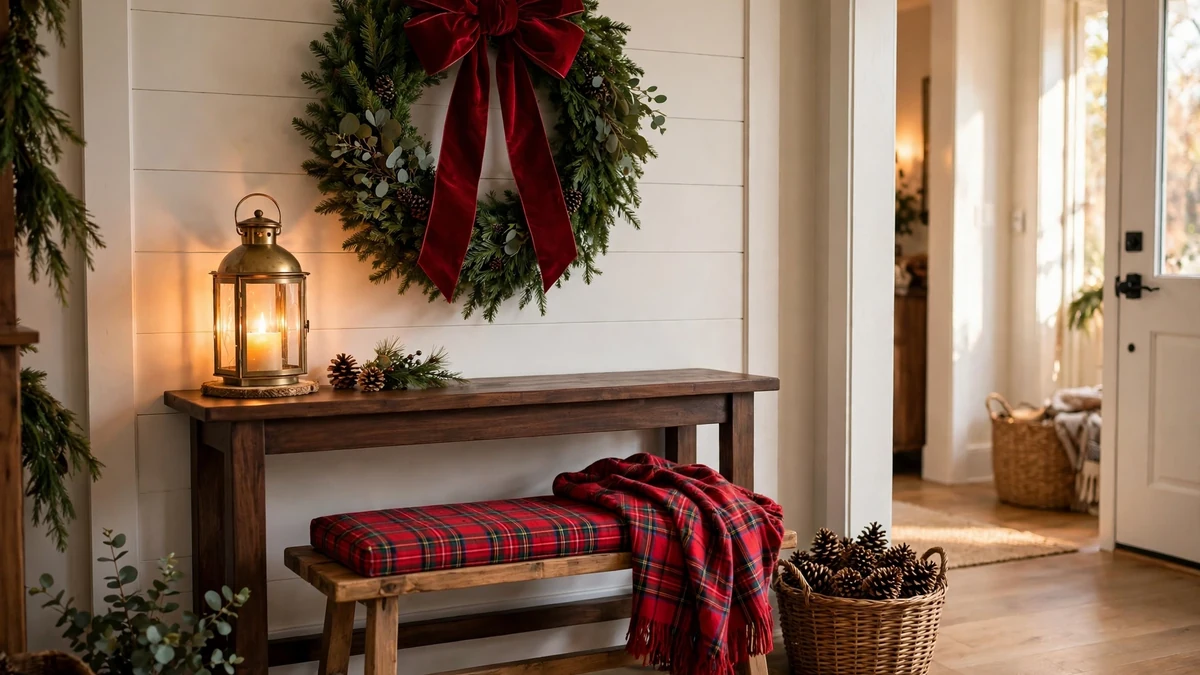Christmas entryway with a brass lantern, a wreath with a burgundy velvet bow and a tartan bench cushion