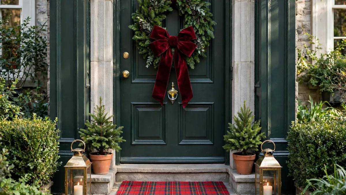 Front door wreath with an oversized burgundy velvet bow, brass lanterns and a tartan doormat