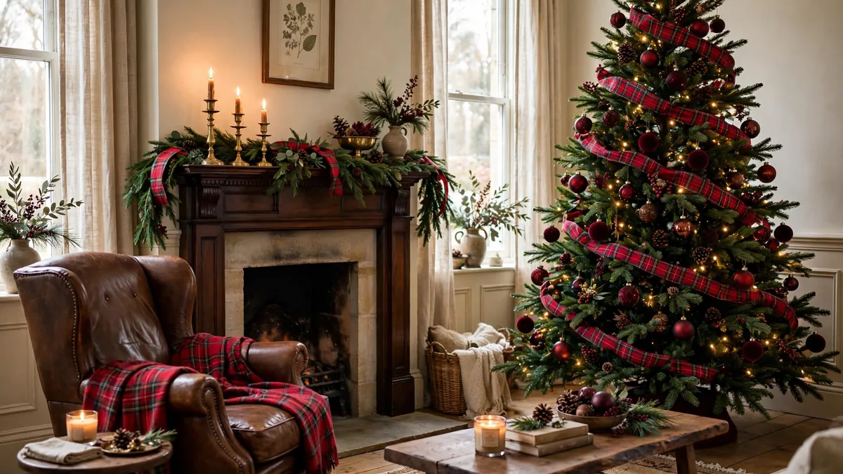 Ralph Lauren Christmas decor on a budget: a living room with a tartan ribbon tree, brass candlesticks, a dark wood mantel and a leather chair with a plaid throw