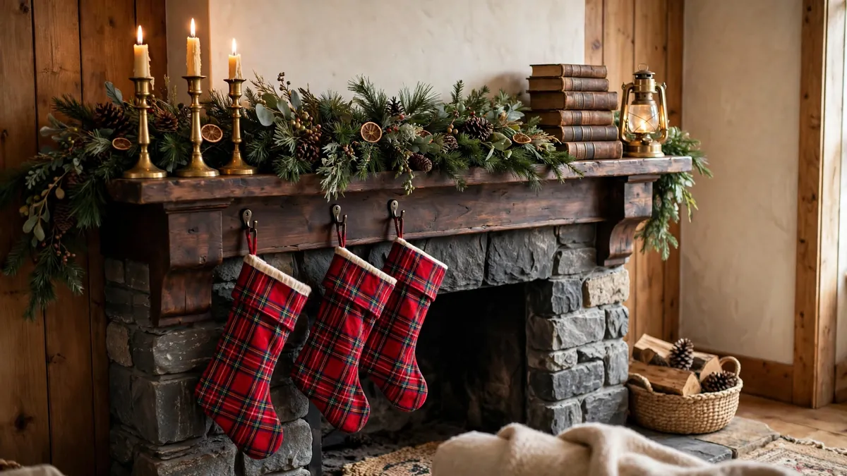 Dark wood mantel with pine garland, brass candlesticks, leather-bound books and plaid stockings