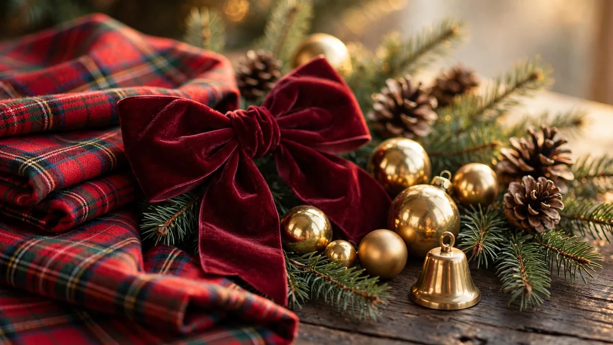 Close-up of tartan plaid fabric, a burgundy velvet bow, brass ornaments and pine greenery on dark wood