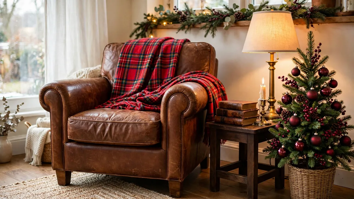Reading nook with a leather armchair, tartan throw, leather-bound books and a mini tree with burgundy ornaments