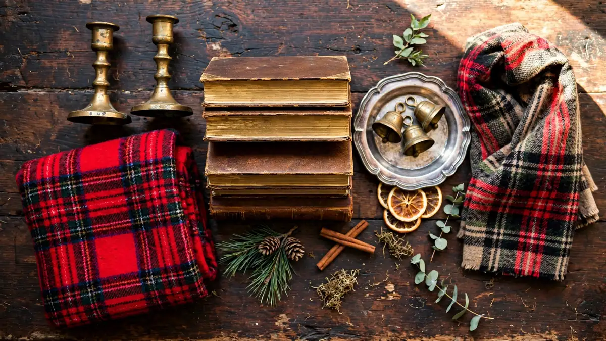 Thrifted Christmas finds: brass candlesticks, leather-bound books, a silver tray and a folded tartan blanket