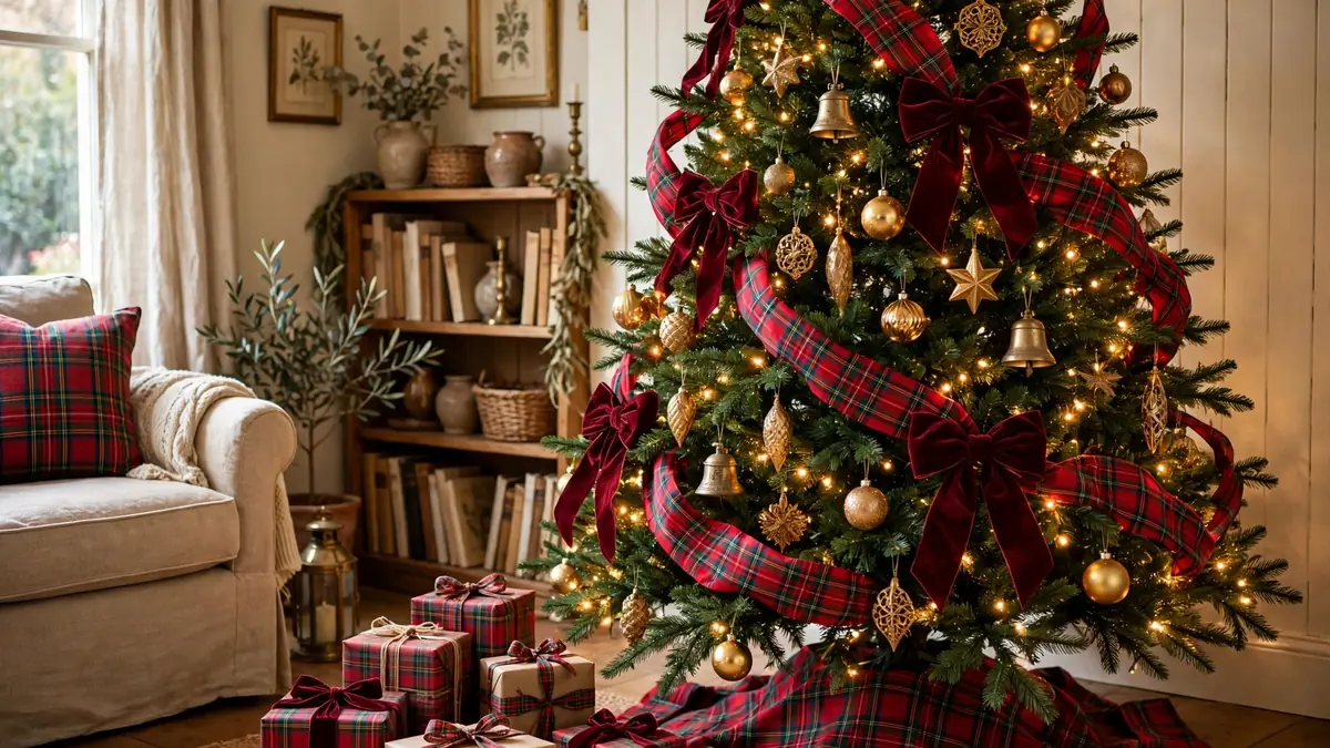 Christmas tree decorated with red tartan plaid ribbon, burgundy velvet bows and brass ornaments with a plaid tree skirt