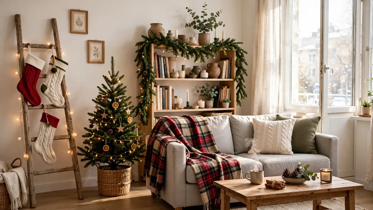Renter friendly christmas decor ideas in a cosy apartment living room with a small tree, ladder stockings and garland
