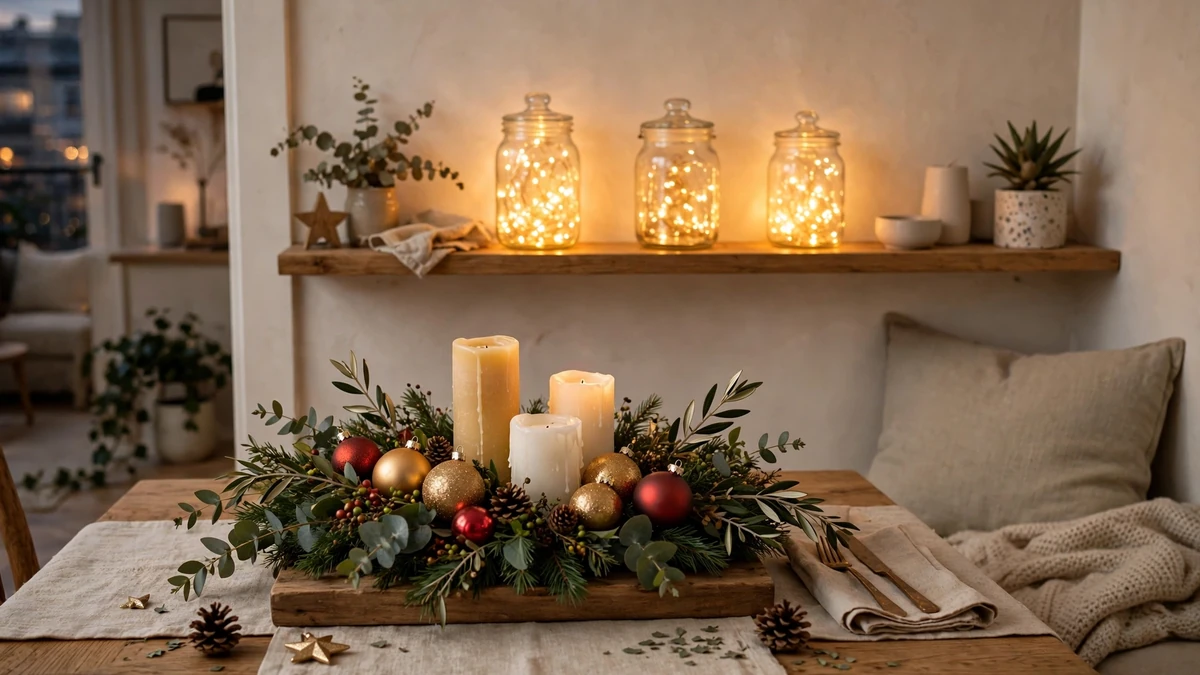 Tray centrepiece with candles and ornaments on a rental dining table with fairy light jars behind