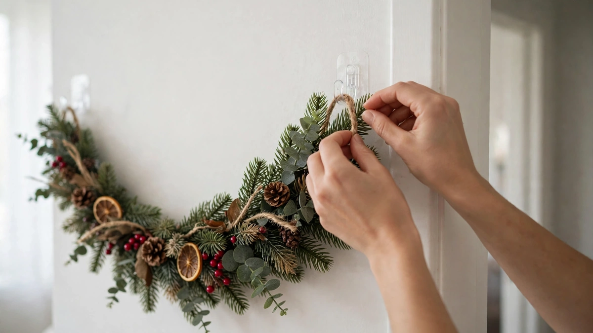 Hanging a garland swag on removable adhesive hooks, a damage-free renter friendly christmas decor method