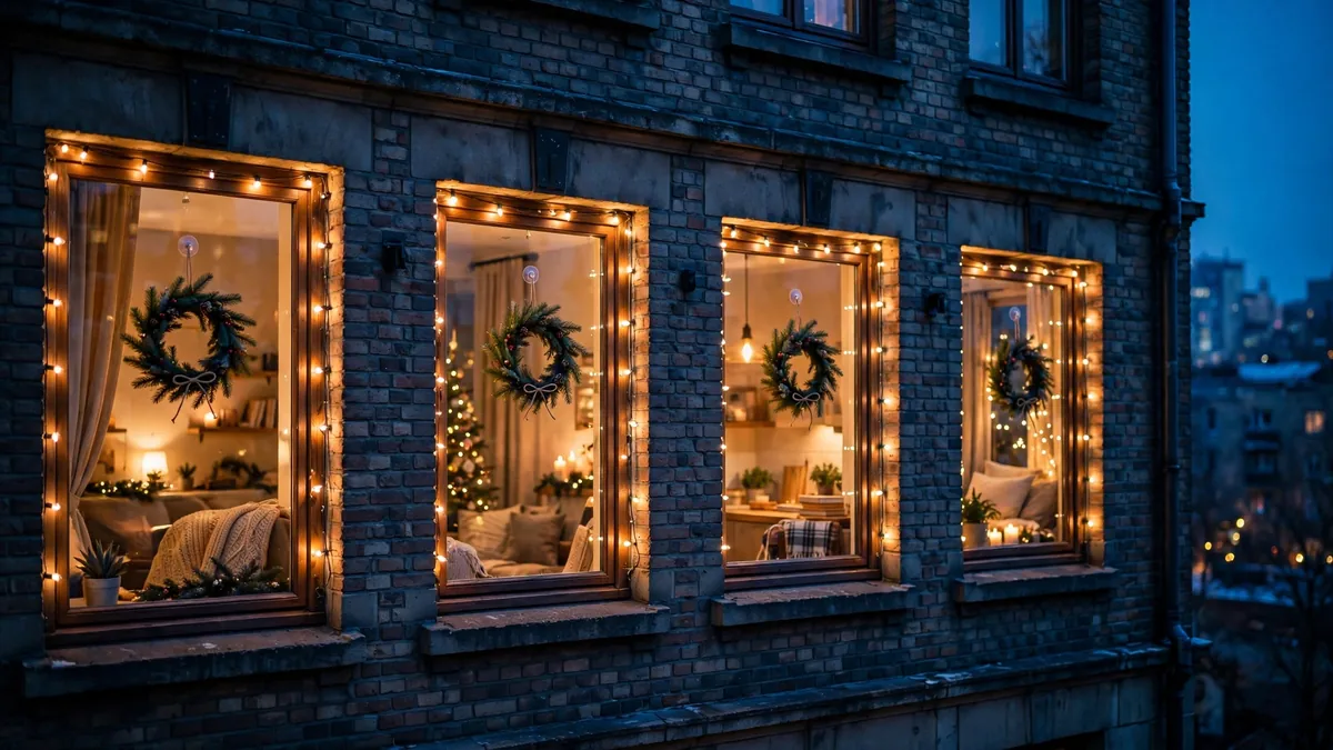 Apartment windows with suction-cup wreaths and string lights, renter friendly christmas decor for windows