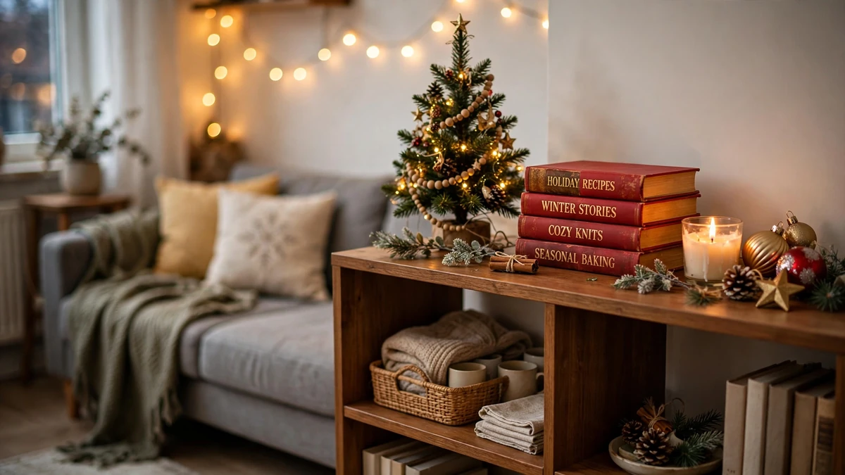 Bookshelf styled with a mini tree, red books and a candle as renter friendly christmas decor