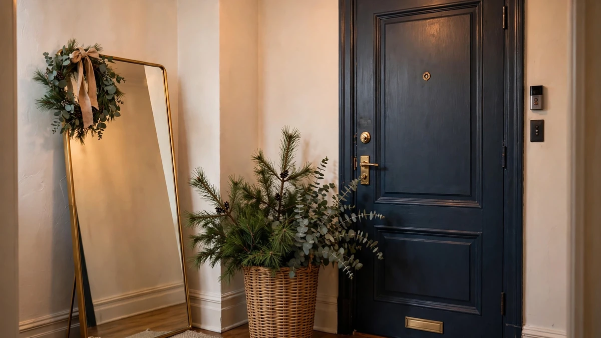 Basket of pine branches and a leaning mirror with a wreath in a rental entryway, damage-free christmas decor
