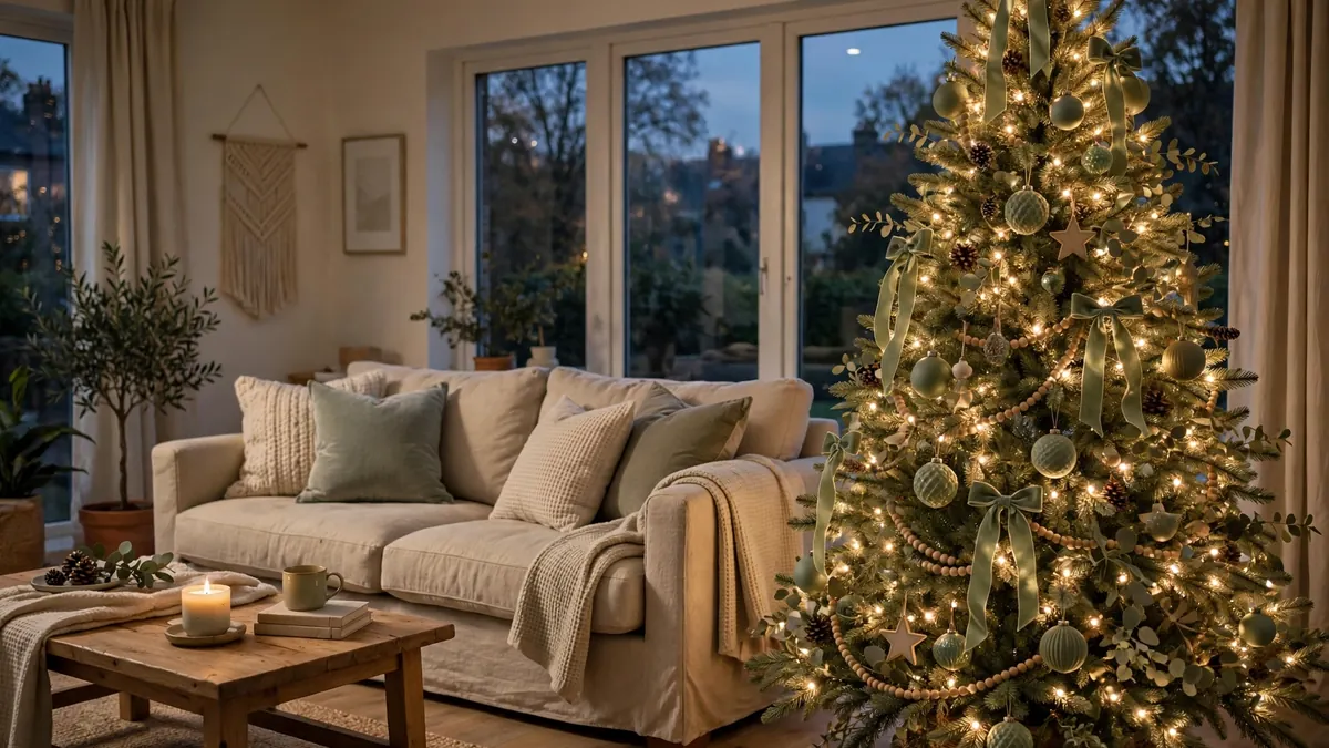 Sage green Christmas tree glowing with warm white lights at dusk in a cozy living room